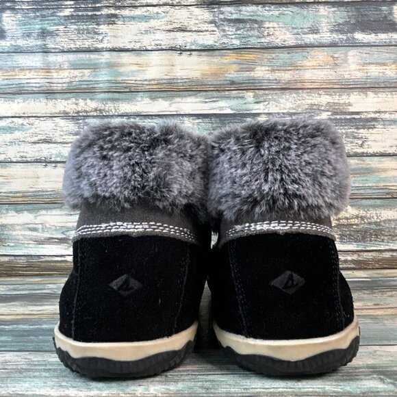 Sperry Womens Duck Mid Top Slipper Size 7 Black Suede Faux Fur Lined Warm Ladies - Picture 7 of 12